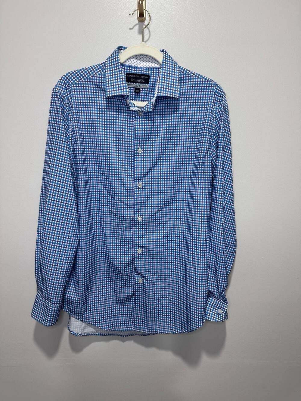 Report Collection X4 Performance Stretch Slim Fit Blue Checkered Shirt Size M 15